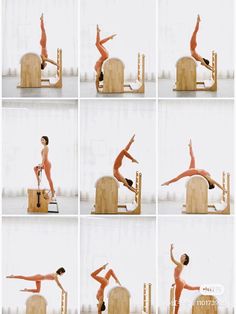 the woman is practicing her moves on the wooden chair and posing for pictures in different poses