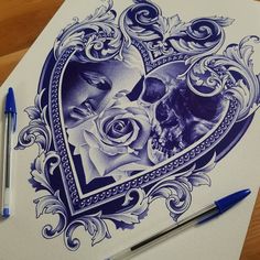 a drawing of two people in a heart shaped frame