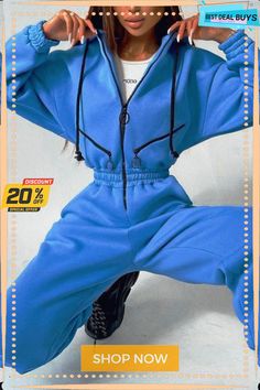 Zip Up Drop Shoulder Hooded Jumpsuit Casual Winter Tracksuit For Outdoor, Blue Hooded Tracksuit With Pockets, Winter Hooded Tracksuit With Kangaroo Pocket, Hooded Winter Tracksuit With Kangaroo Pocket, Winter Hoodie Tracksuit With Pockets, Solid Color Hooded Tracksuit With Pockets, Blue Hoodie With Drawstring For Winter, Blue Drawstring Hoodie For Winter, Hooded Tracksuit With Pockets For Outdoor