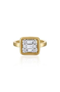 Brilliant, mixed-cut diamonds framed in a cube-shaped setting light up this stunning ring rendered in gleaming 18-karat gold. Total diamond weight: 0.48ct. Color: G–H Clarity: VS 18k gold/diamond Made in USA >Diamond Guide Diamond Ring With Baguette Diamonds In Octagon Shape, Octagon White Gold Diamond Ring With Baguette Diamonds, Luxury Octagon Diamond Ring With Baguette Diamonds, White Gold Octagon Diamond Ring With Baguettes, White Gold Octagon Diamond Ring With Baguette Diamonds, Luxury Yellow Gold Cluster Ring With Emerald Cut, Luxury Emerald Cut Diamond Ring With Single Cut Diamonds, Square Cut Baguette Diamond Ring, Square Cut Diamond Ring With Rose Cut Diamonds