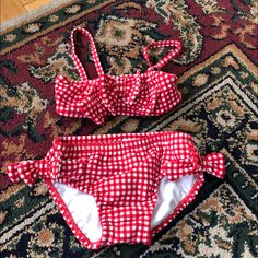 Adorable Red And White Bikini. Never Worn But Tags Taken Off Smoke And Pet Free Home Cute Red Summer Swimwear, Red Swimwear For Summer Playwear, Cute Red Swimwear For Poolside, Cute Red Swimwear For The Beach, Fun Red Swimwear For Pool, Red Fun Swimwear For Pool, Fun Red Swimwear For The Beach, Playful Summer Swimwear For Holiday, Playful Summer Holiday Swimwear