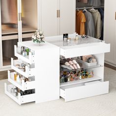 an organized white dressing table with drawers