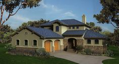 this is an image of a house in the country side with green grass and trees