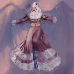 a digital painting of a woman in a long dress with her arms out and hands outstretched