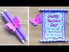 two pictures of purple and pink paper butterflies with the words happy teachers day written on them