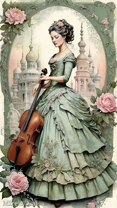 a painting of a woman in a dress with a violin and roses around her neck