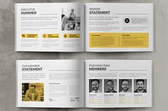 three pages of a brochure with yellow accents