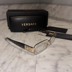 Brand New Never Used With Case And Card Versace Eyeglasses, Oval Eyeglasses, Versace Gold, Versace Glasses, Eye Glasses Frames, Cute Glasses, Versace Accessories, Random Photos, Metal Sunglasses