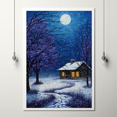 a painting of a snowy night with a cabin in the foreground and a full moon above it