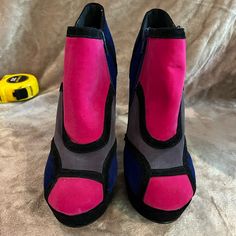 Nwot Shi By Journey Multi Colored Booties Pink Suede Closed Toe Heels, Pink Suede Heels With Round Toe, Pink Platform Ankle Boot Heels, Pink Black, Multi Colored, Bootie Boots, Ankle Boots, Black Pink, Women Shoes