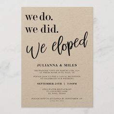 we do, we did, we eloped wedding card in black ink on beige paper