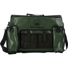 the waterman messenger bag is green and has two pockets for compartments to hold items