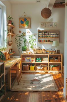 a room filled with lots of wooden furniture and plants on the wall next to a window