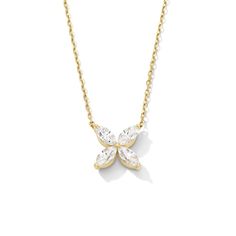 Sparkling and delicate details create this charming Nungu diamond flower necklace. 14K gold Four 1/5 ct. marquise-cut diamonds shimmer in a flower design Natural diamonds 3/4 ct. t.w. of diamonds 16.0- to 18.0-inch adjustable cable chain necklace; spring-ring clasp This black-owned collection showcases delicate styles designed in South Africa Elegant Marquise Cut Yellow Gold Diamond Necklace, Elegant Yellow Gold Marquise Cut Diamond Necklace, Dainty Marquise Yellow Gold Diamond Necklace, Diamond Flower Necklace, Cable Chain Necklace, Marquise Cut Diamond, Diamond Flower, Marquise Diamond, Delicate Details