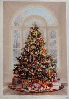 a christmas tree with presents under it in front of a window and an instagram post