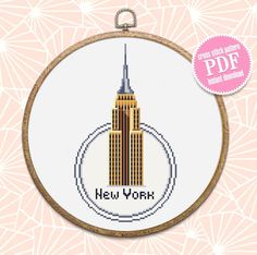 the new york city skyline cross stitch pattern in a hoop