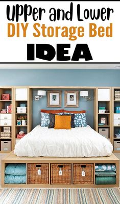 a bed with storage drawers underneath it and the words upper and lower diy storage bed idea