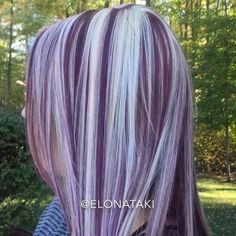 Hair Highlights Purple, Blonde Hair With Purple, Random Hairstyles, Highlights Purple, Pinwheel Hair Color, Purple Grey Hair, Streaked Hair, Silver Hair Highlights