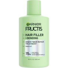 Garnier Fructis sulfate-free Bonding Inner Fiber Repair Pre-Shampoo Hair Breakage Repair Treatment, formulated with 15% Peptides + Citric Acid Bond Repair Complex, works with Garnier Hair Filler systems to repair hair inside & out. Fill hair with strength seven layers deep with our system for inner fiber repair, outer visible transformation. Inner Transformation: Hair Bonding Treatment repairs and strengthens broken bonds deep in the cortex, hair fiber's inner layer with continuous use of Inner Hair Filler, Chemically Damaged Hair, Broken Bonds, Caring For Colored Hair, Hair Repair Treatments, Garnier Fructis, Repair Hair, Spread Recipes, Hair Control