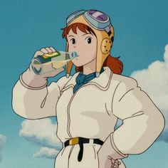 an anime character drinking from a glass in front of the sky with clouds behind her