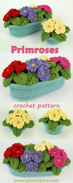 crocheted flowers in a basket with the words primroses on it