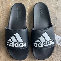 New With Tags Adidas Black Slides With Logo, Adidas Black Slides For Sports, Adidas Black Sporty Slides, Black Adidas Logo Slides, Black Adidas Slides With Logo, Black Adidas Slides For Summer, Sporty Black Adidas Slides, Black Adidas Sneakers With Logo For Spring, Casual Adidas Slides With Logo