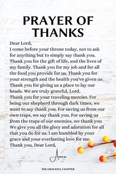 a prayer card with the words prayer of thanks