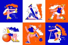 four different illustrations of people playing tennis