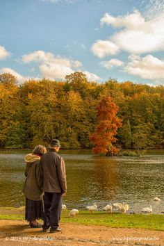 an older couple standing next to each other near a lake with trees in the background