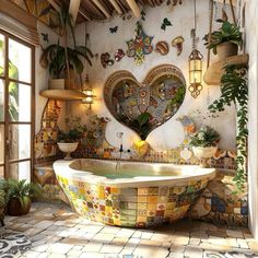 a bathtub in the middle of a room with lots of potted plants on the walls