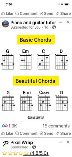 the guitar chords app is open and showing how to play them in different styles, colors and