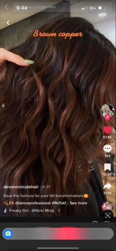 Dark Copper Brown Balayage, Dark Brown Hair With Copper Highlights Caramel Low Lights, Cooper Brunette Hair, Brown Hair Fall 2023, Copper Brown Highlights Brunettes, Copper And Brunette Hair, Dimensional Copper Hair Dark Brown, Dark Brown Hair With Amber Highlights, Cowboy Copper Brunette