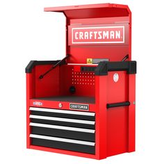 a red craftsman's toolbox with tools in the drawer and an inscription craftsmansman on it