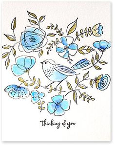 a card with blue flowers and birds on it, says thinking of you in gold lettering