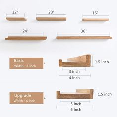 the measurements for wooden shelves are shown in three different sizes and widths, along with each other