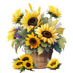 a basket filled with lots of yellow sunflowers