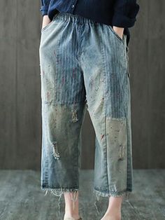 Vintage Stripe Patchwork Elastic Waist Women Ripped Jeans Women Ripped Jeans, Stripe Patchwork, Diy Ripped Jeans, Jeans Tutorial, Ripped Jeans Outfit, Womens Ripped Jeans, Diy Jeans, Denim Ideas