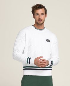 Trends come and go but classics like the Tennis Club Cable Crew aren't going anywhere. A timeless look that hearkens back to our tennis roots, this sweater keeps you connected to the court even when you're at the clubhouse or in the city. Cotton ribbed fabric wraps you in comfort. The relaxed fit is all about ease. | Wilson Tennis Club Cable Crew - Size 2XL Casual Winter Golf Tops, Sporty White Sweater With Ribbed Collar, Sporty White College Sweater, White Sporty Polo Sweater For Fall, Sporty White Polo Sweater For Fall, Sporty White Long Sleeve Polo Sweater, Sporty White Sweater With Ribbed Cuffs, Classic White Sweatshirt For College, White Sporty Sweater With Ribbed Cuffs