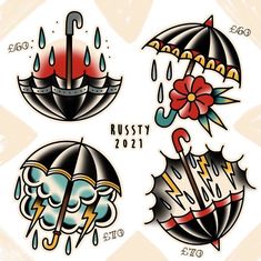 four different tattoo designs with umbrellas and raindrops in the middle one has flowers on it