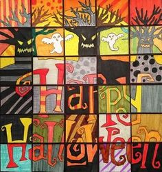 the words happy halloween are painted in different colors and shapes on squares with black, orange, yellow, green, red, blue