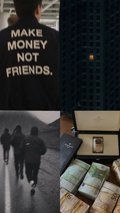 the collage shows people walking, money and an open briefcase that says make money not friends