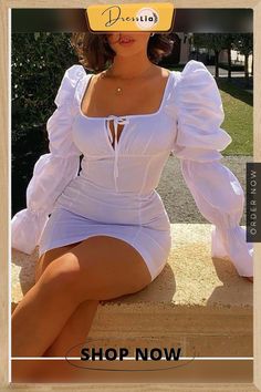 Ruched Tie Front Juilet Sleeve Bodycon Dress Half Sleeve Jumpsuit, Solid Color Jumpsuits, Pencil Skirt Dress, Pencil Skirt White, Bodycon Dress With Sleeves, Long Sleeve Dresses, Sleeve Bodycon Dress, Plus Size Jumpsuit, Black Long Sleeve Dress