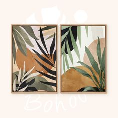 two framed art pieces with plants and leaves on them, one is brown and the other is green