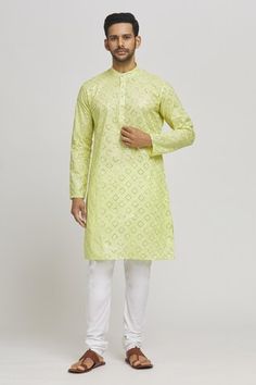 Pastel lime cotton kurta with sequins and thread embroidered checkered pattern. Comes with churidar. - Aza Fashions Pista Green Cotton Traditional Wear With Resham Embroidery, Festive Pista Green Cotton Traditional Wear, Pista Green Cotton Kurta With Chikankari Embroidery, Pista Green Cotton Traditional Wear For Diwali, Festive Pista Green Cotton Kurta, Pista Green Cotton Traditional Wear With Pallu, Pista Green Cotton Traditional Wear For Eid, Pista Green Cotton Traditional Wear With Self Design, Pista Green Cotton Traditional Wear For Navratri