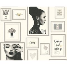 a wall covered in pictures and photos with the words fashion written on it's side