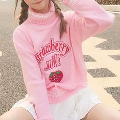 Pastel Pink Strawberry Milk Embroidery Turtleneck Sweater Cute Winter Sweater With Letter Print, Cute Letter Print Winter Sweater, Trendy Pink Embroidered Sweater, Kawaii Ulzzang, Pastel Sweater, Japanese Kawaii, Pink Strawberry, Cute Strawberry, Strawberry Milk