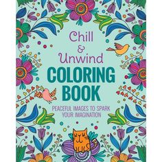 the coloring book for children with colorful flowers and birds on it, including an orange cat