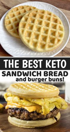 the best keto sandwich bread and burger buns on a white plate with text overlay