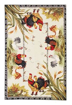 a rug with roosters on it and leaves around the edges in white, green, yellow and red colors