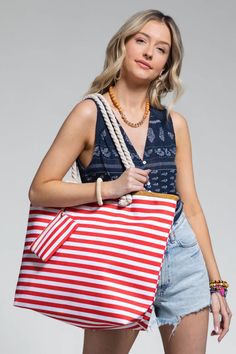 Nautical Striped Tote Bag – The Boutique at Mira's Striped Shoulder Bag With Braided Handles, Striped Rectangular Bag With Braided Handles, Striped Beach Bag With Braided Handles, Casual Striped Bags With Braided Handles, Casual Bags With Striped Lining For Vacation, Casual Vacation Bags With Striped Lining, Casual Vacation Bag With Striped Lining, Beach Tote Shoulder Bag With Striped Lining, Summer Travel Shoulder Bag With Striped Lining